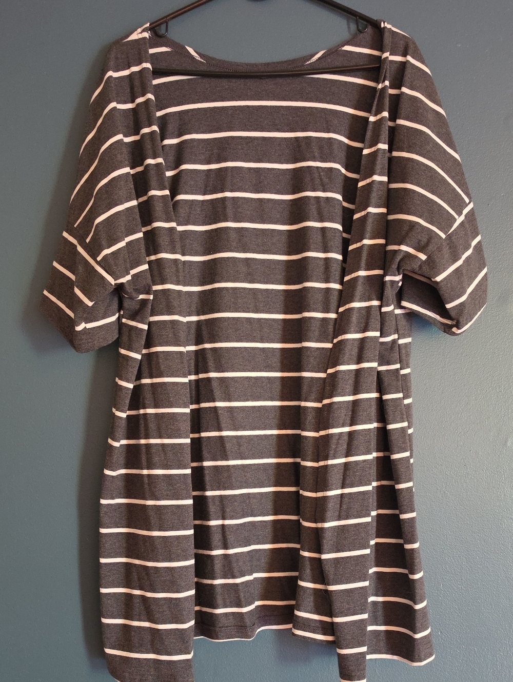 Striped Short-Sleeve Woman’s Cardigan in Charcoal Gray and White